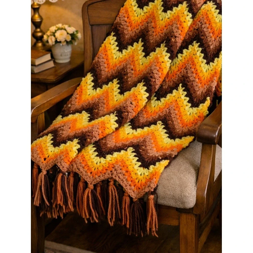 Retro Crochet Chevron Afghan Lap Throw Fall Colors Brown Orange Fringe 34x36